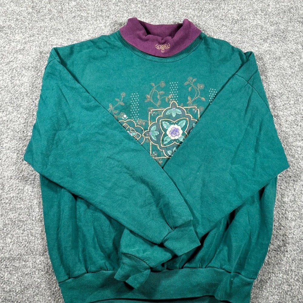 Gopher Sport Sweatshirt Womens XL Green Mock Neck Floral Graphic Vintage USA